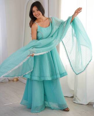 Blue zarkhand wprk crunchy silk kurta palazzo set 3