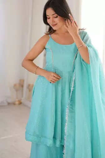 Blue zarkhand wprk crunchy silk kurta palazzo set