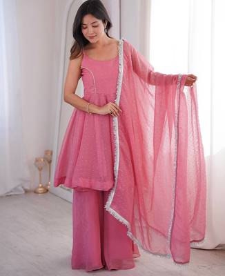 Pink zarkhand wprk crunchy silk kurta palazzo set 1