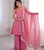 Pink zarkhand wprk crunchy silk kurta palazzo set