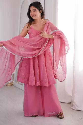 Pink zarkhand wprk crunchy silk kurta palazzo set