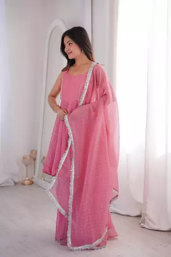 Pink zarkhand wprk crunchy silk kurta palazzo set