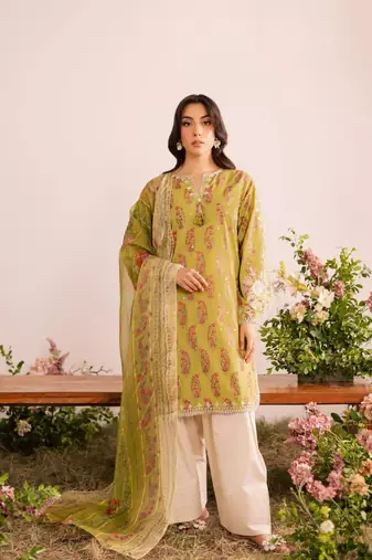Green digital print & embroidered kurta with dupatta & farshi salwar