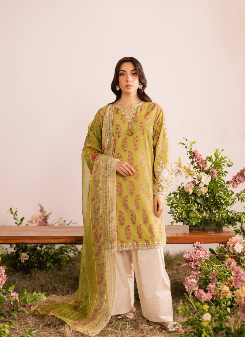 Green digital print & embroidered kurta with dupatta & farshi salwar