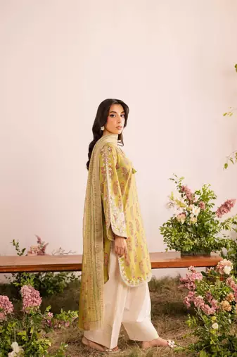 Green digital print & embroidered kurta with dupatta & farshi salwar