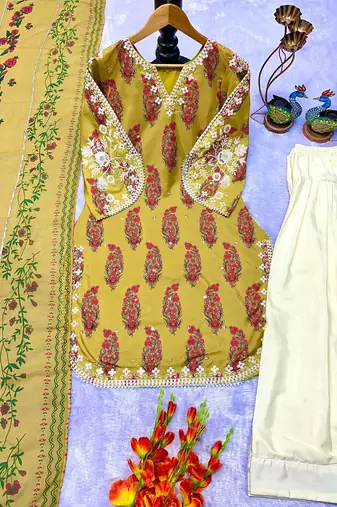 Green digital print & embroidered kurta with dupatta & farshi salwar