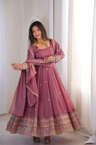Lavender sequins embroidery work gown with pant & dupatta