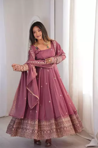 Lavender sequins embroidery work gown with pant & dupatta