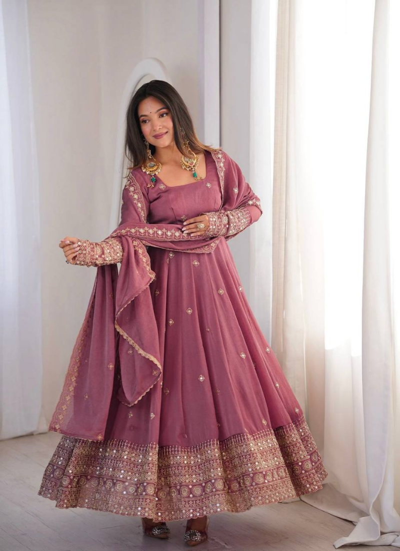Lavender sequins embroidery work gown with pant & dupatta
