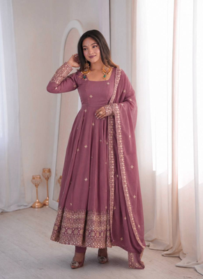 Lavender sequins embroidery work gown with pant & dupatta 2