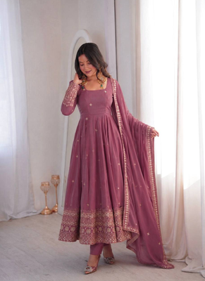 Lavender sequins embroidery work gown with pant & dupatta 4