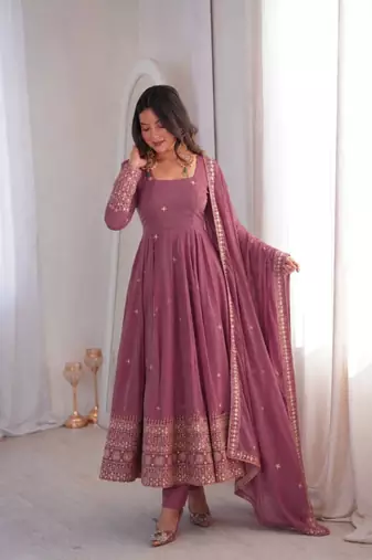 Lavender sequins embroidery work gown with pant & dupatta