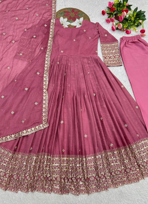Lavender sequins embroidery work gown with pant & dupatta 5