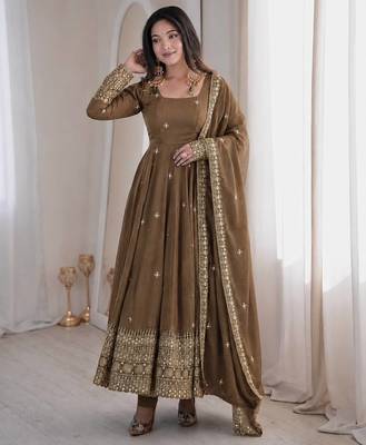 Brown sequins embroidery work gown with pant & dupatta 1