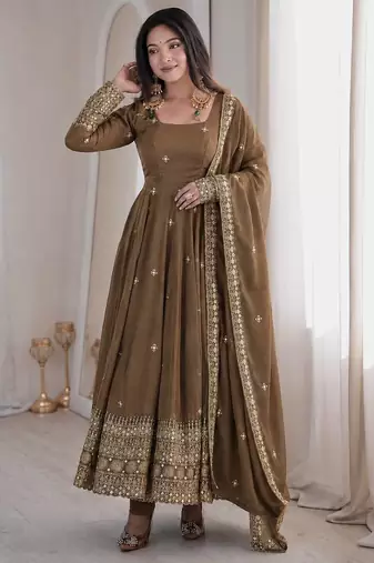 Brown sequins embroidery work gown with pant & dupatta