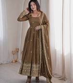Brown sequins embroidery work gown with pant & dupatta