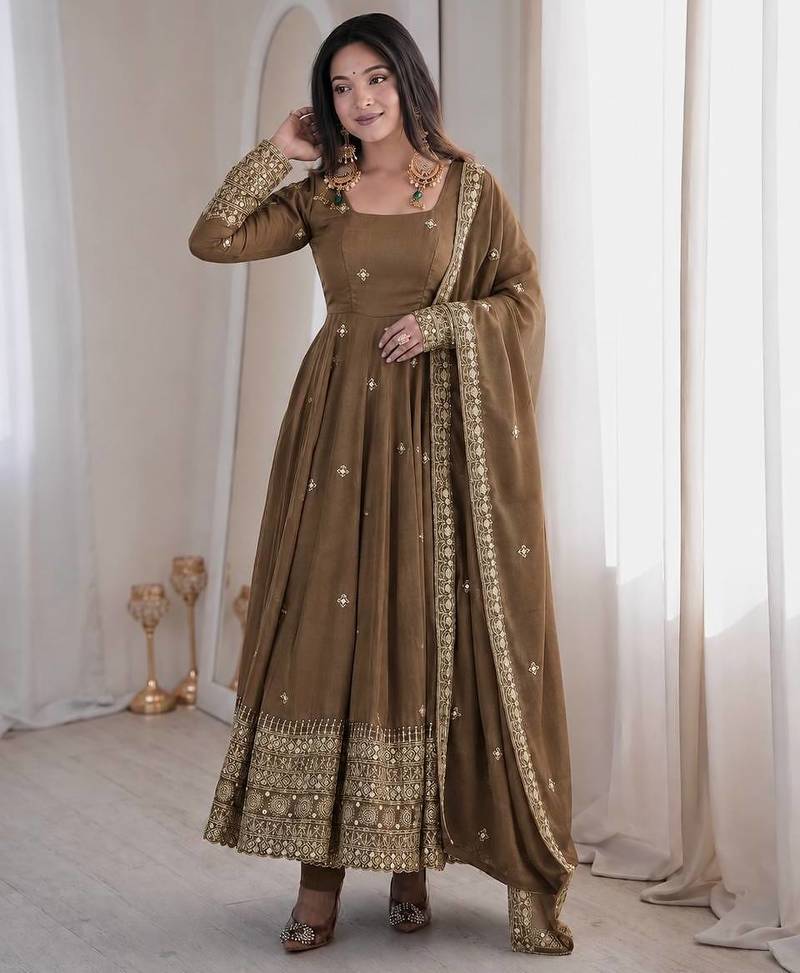Brown sequins embroidery work gown with pant & dupatta