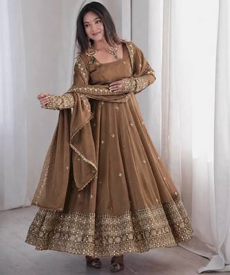 Brown sequins embroidery work gown with pant & dupatta 2