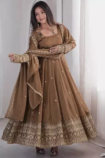 Brown sequins embroidery work gown with pant & dupatta