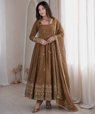 Brown sequins embroidery work gown with pant & dupatta 3