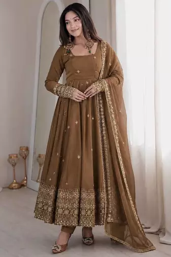 Brown sequins embroidery work gown with pant & dupatta