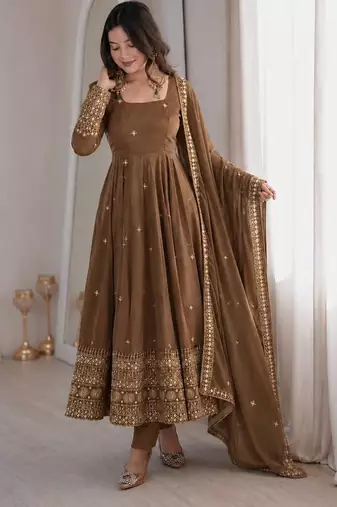 Brown sequins embroidery work gown with pant & dupatta