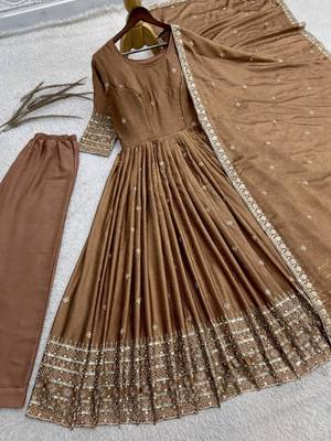 Brown sequins embroidery work gown with pant & dupatta 5