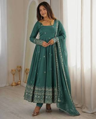 Sea green sequins embroidery work gown with pant & dupatta 1
