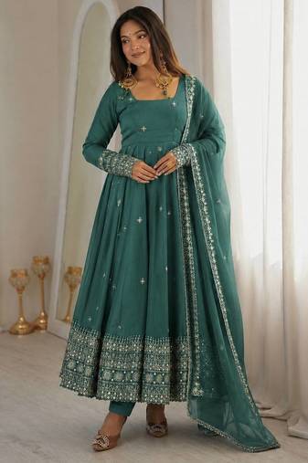 Sea green sequins embroidery work gown with pant & dupatta