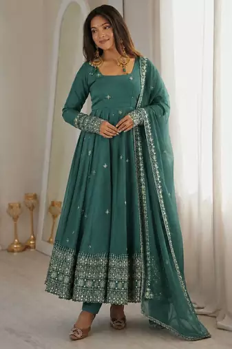 Sea green sequins embroidery work gown with pant & dupatta