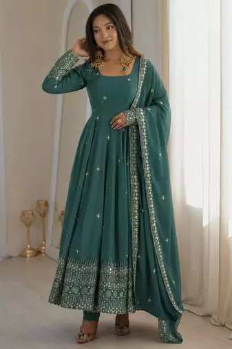 Sea green sequins embroidery work gown with pant & dupatta