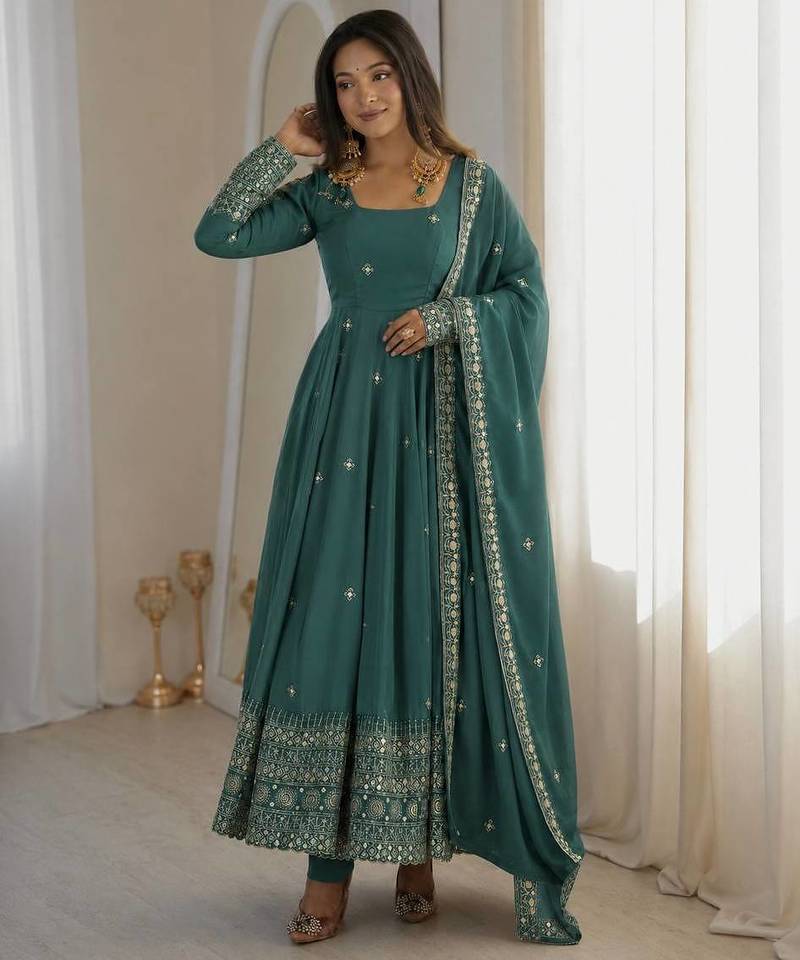Sea green sequins embroidery work gown with pant & dupatta