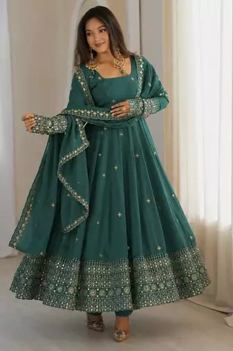 Sea green sequins embroidery work gown with pant & dupatta