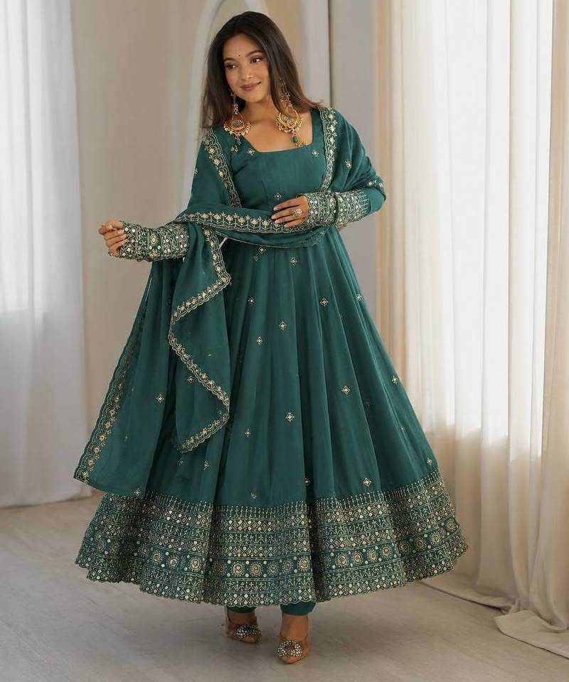 Sea green sequins embroidery work gown with pant & dupatta