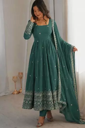 Sea green sequins embroidery work gown with pant & dupatta