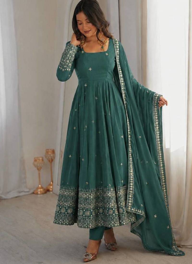 Sea green sequins embroidery work gown with pant & dupatta