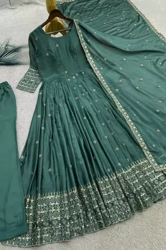 Sea green sequins embroidery work gown with pant & dupatta