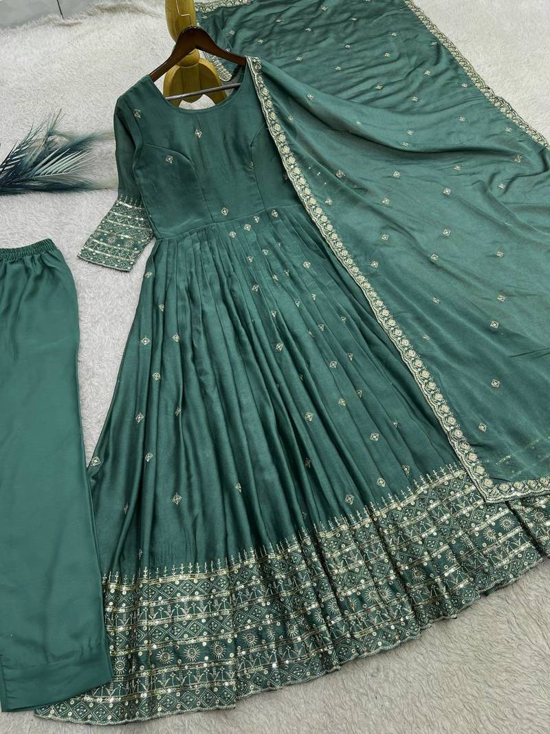 Sea green sequins embroidery work gown with pant & dupatta