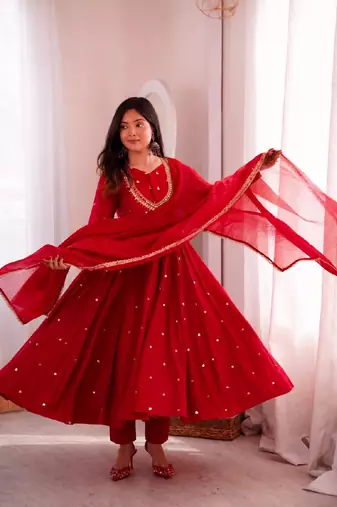 Red designer sequins & mirror work roman silk anarkali set