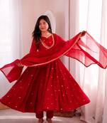 Red designer sequins & mirror work roman silk anarkali set