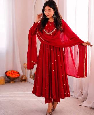 Red designer sequins & mirror work roman silk anarkali set 2