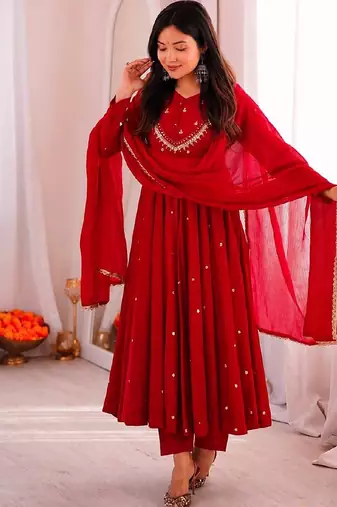 Red designer sequins & mirror work roman silk anarkali set