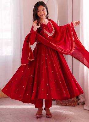 Red designer sequins & mirror work roman silk anarkali set 3