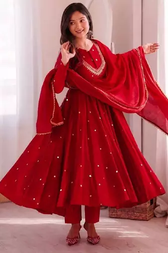 Red designer sequins & mirror work roman silk anarkali set