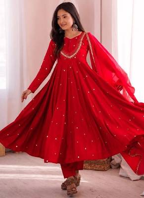 Red designer sequins & mirror work roman silk anarkali set 4