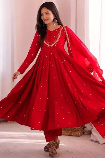 Red designer sequins & mirror work roman silk anarkali set