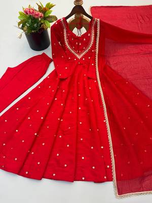Red designer sequins & mirror work roman silk anarkali set 5