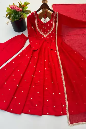Red designer sequins & mirror work roman silk anarkali set