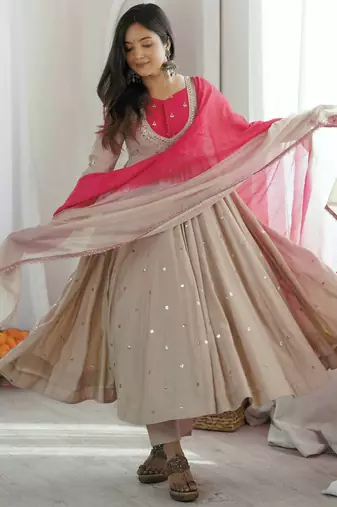 Light grey designer sequins & mirror work roman silk anarkali set