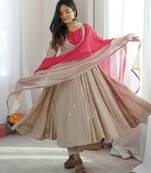 Light grey designer sequins & mirror work roman silk anarkali set